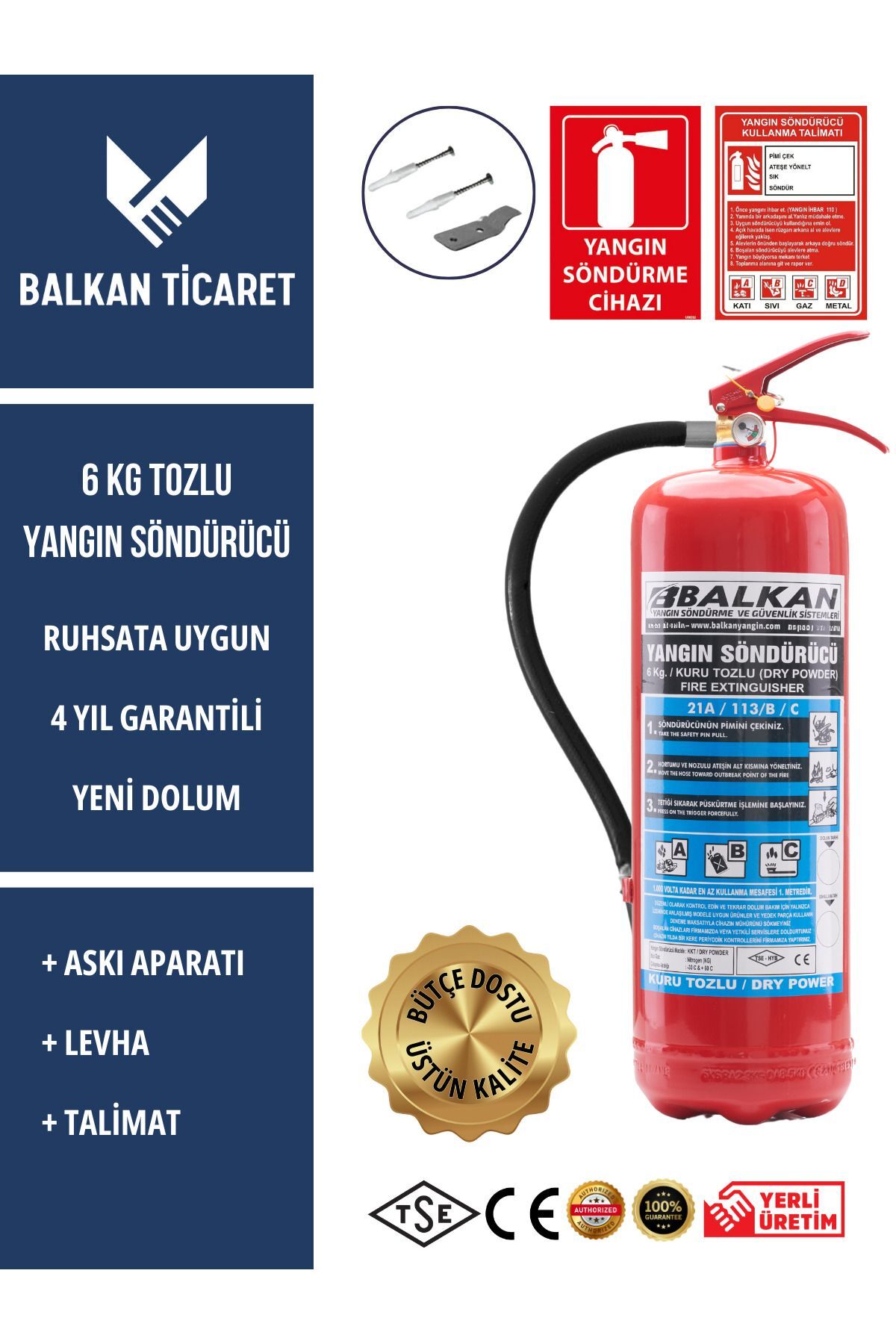 Tozlu Yangın Tüpü 4 Yıllık Ruhsata Uygun (Askı Aparatı, Levha, Talimat)