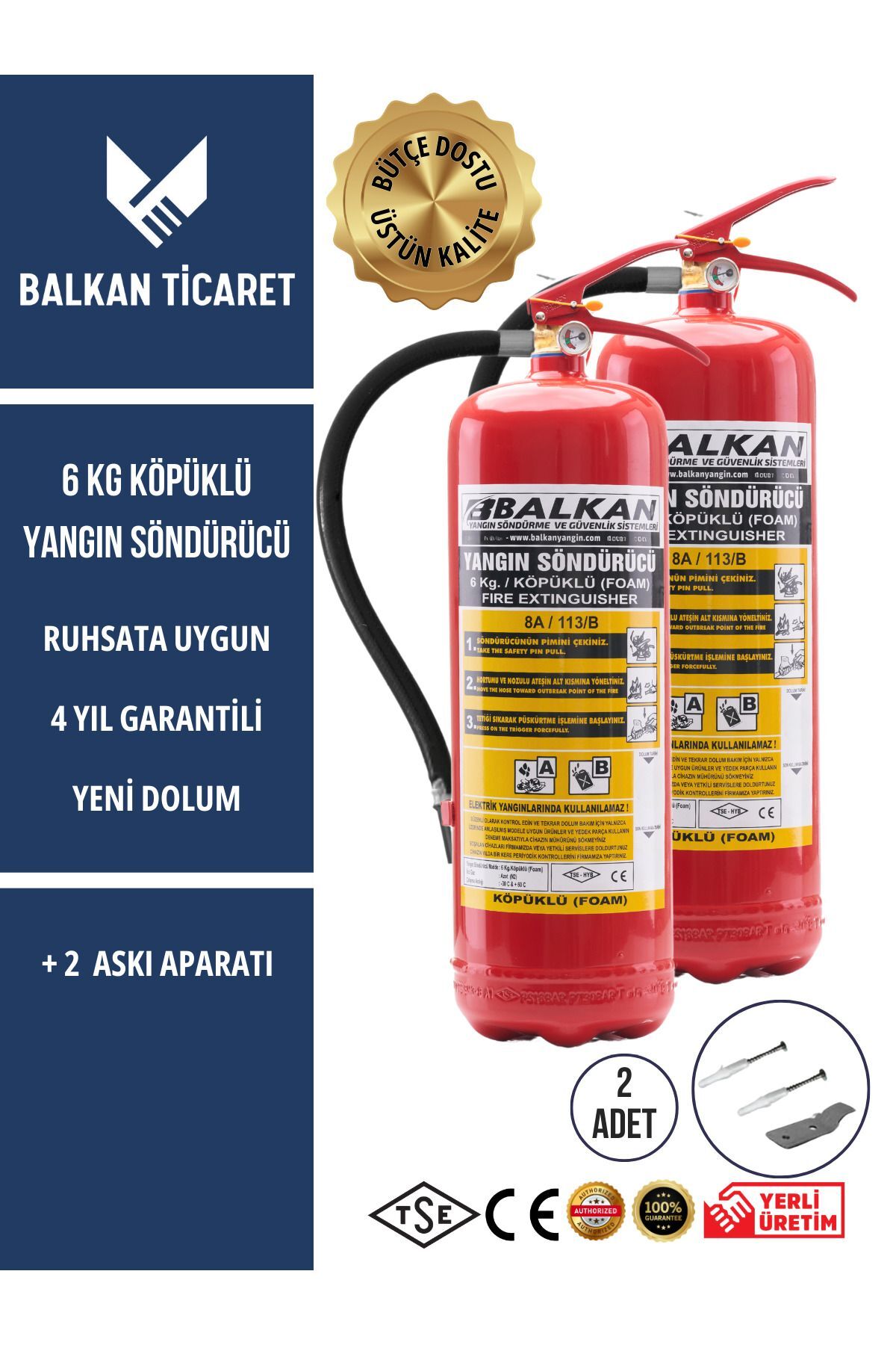 2 Adet Köpüklü Yangın Tüpü 4 Yıllık Ruhsata Uygun (Askı Aparatı)