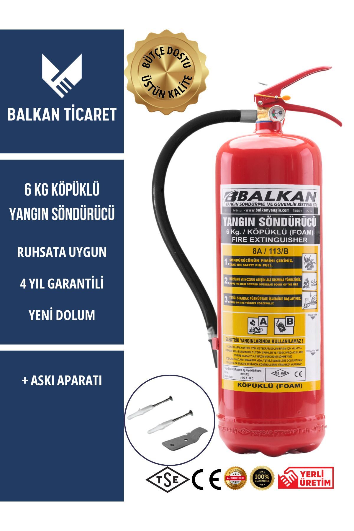 Köpüklü Yangın Tüpü 4 Yıllık Ruhsata Uygun (Askı Aparatı)