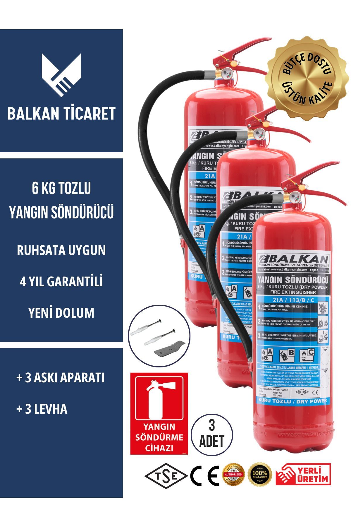 3 Adet Tozlu Yangın Tüpü 4 Yıllık Ruhsata Uygun (Askı Aparatı, Levha)