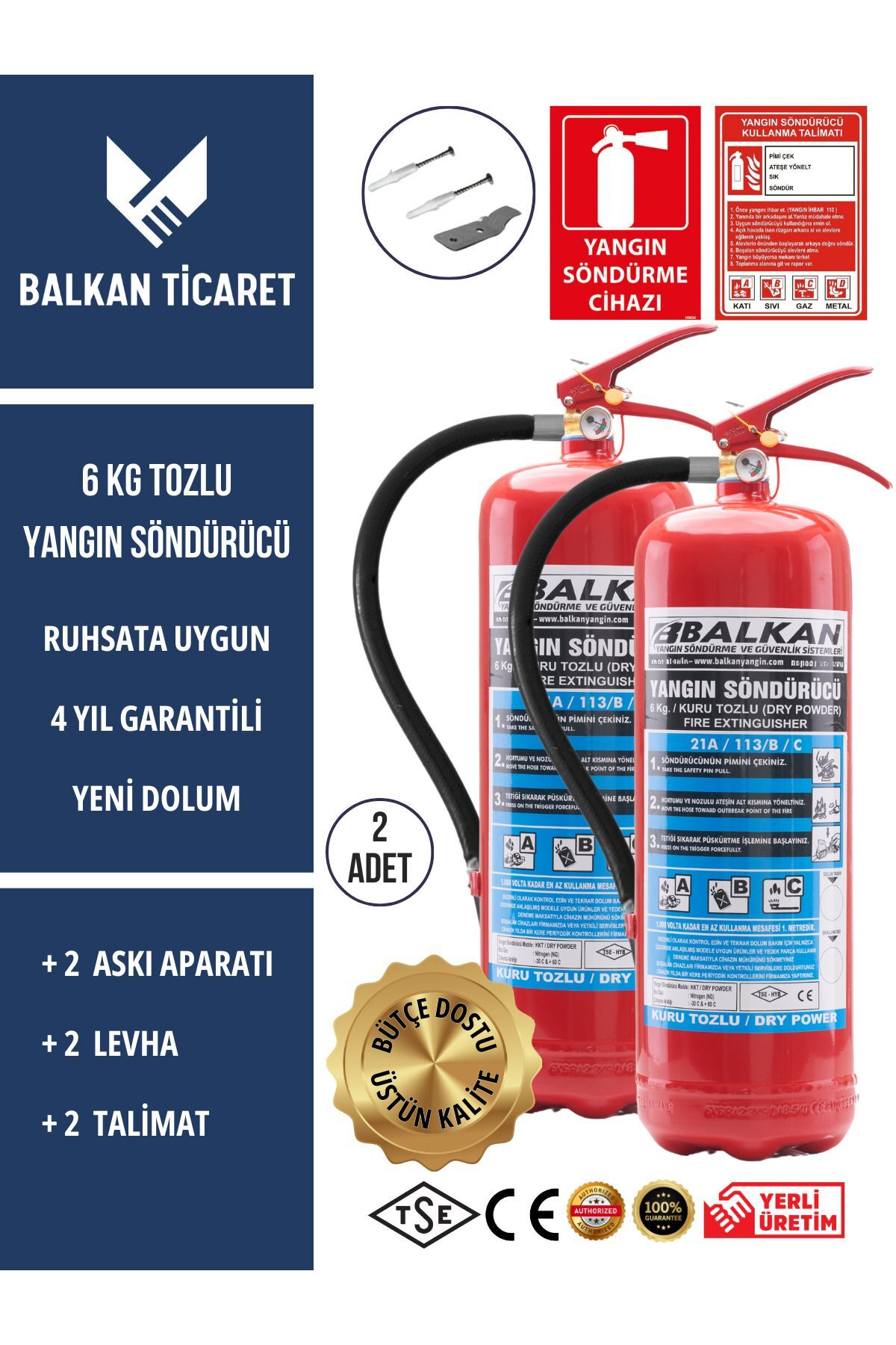 2 Adet Tozlu Yangın Tüpü 4 Yıllık Ruhsata Uygun (Askı Aparatı, Levha, Talimat)