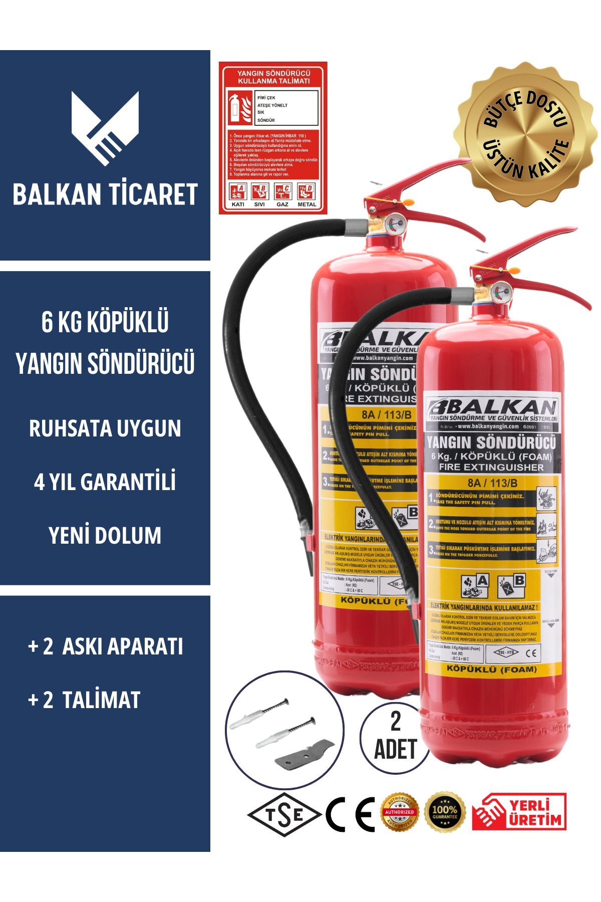 2 Adet Köpüklü Yangın Tüpü 4 Yıllık Ruhsata Uygun (Askı Aparatı, Talimat)