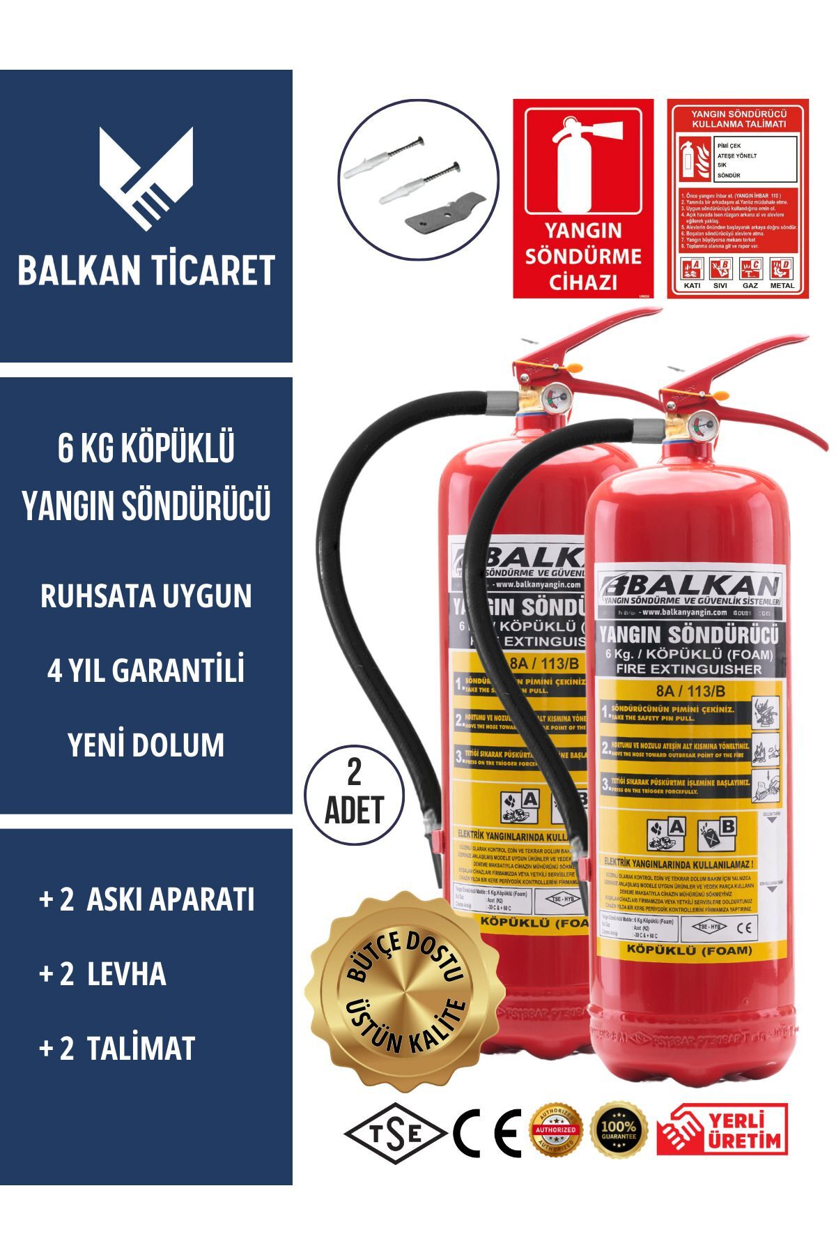 2 Adet Köpüklü Yangın Tüpü 4 Yıllık Ruhsata Uygun (Askı Aparatı, Levha, Talimat)