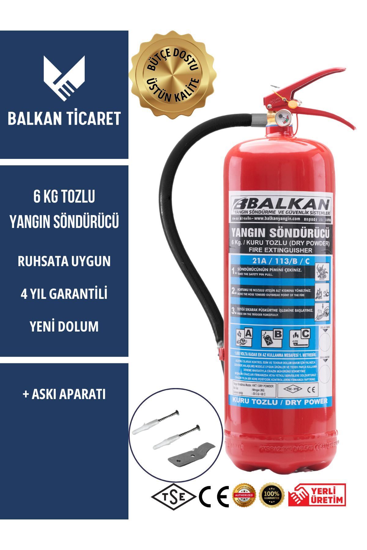 Tozlu Yangın Tüpü 4 Yıllık Ruhsata Uygun (Askı Aparatı)