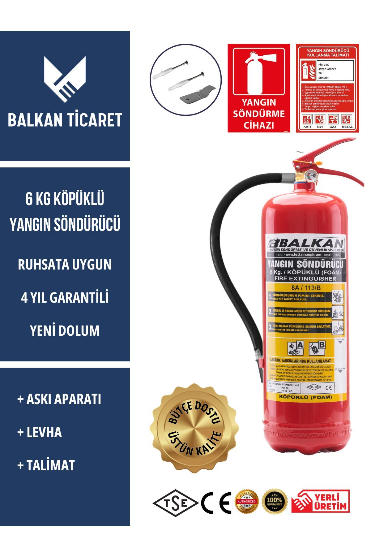 Köpüklü Yangın Tüpü 4 Yıllık Ruhsata Uygun (Askı Aparatı, Levha, Talimat)