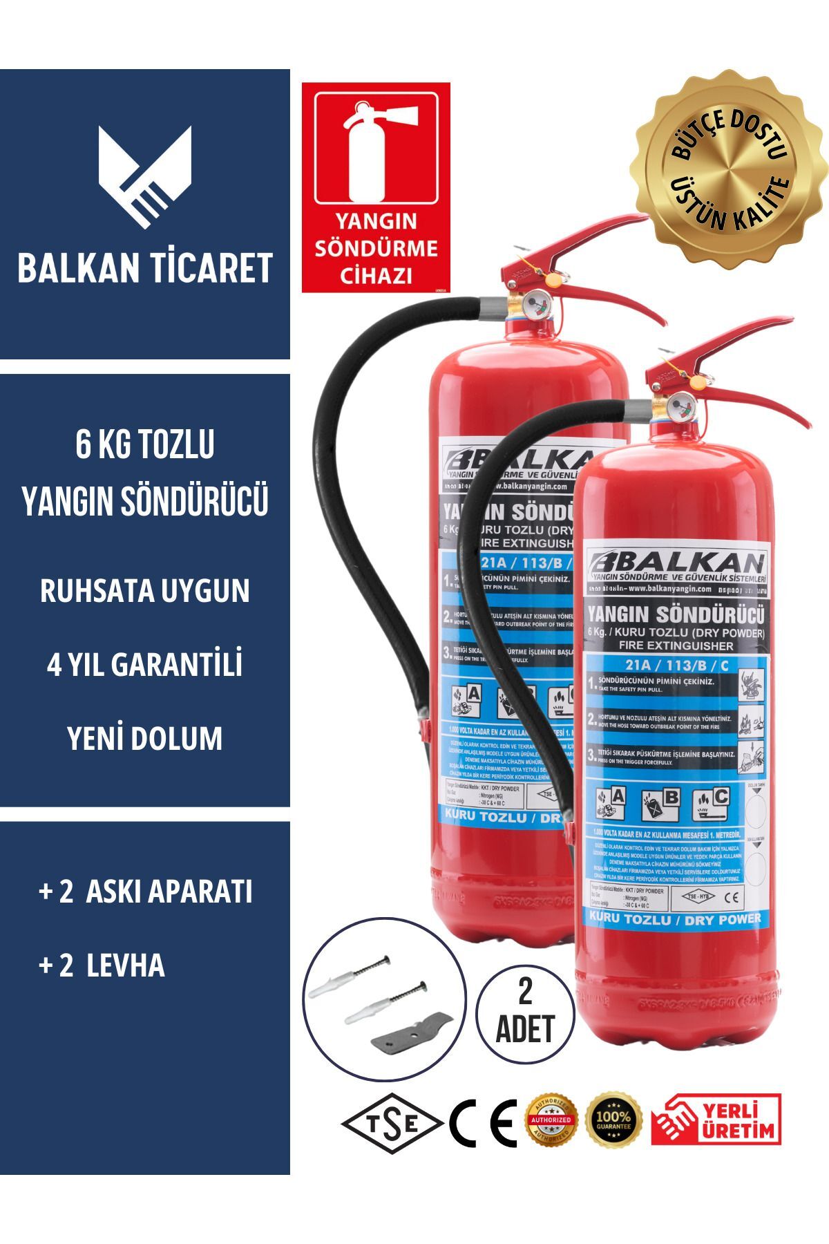 2 Adet Tozlu Yangın Tüpü 4 Yıllık Ruhsata Uygun (Askı Aparatı, Levha)