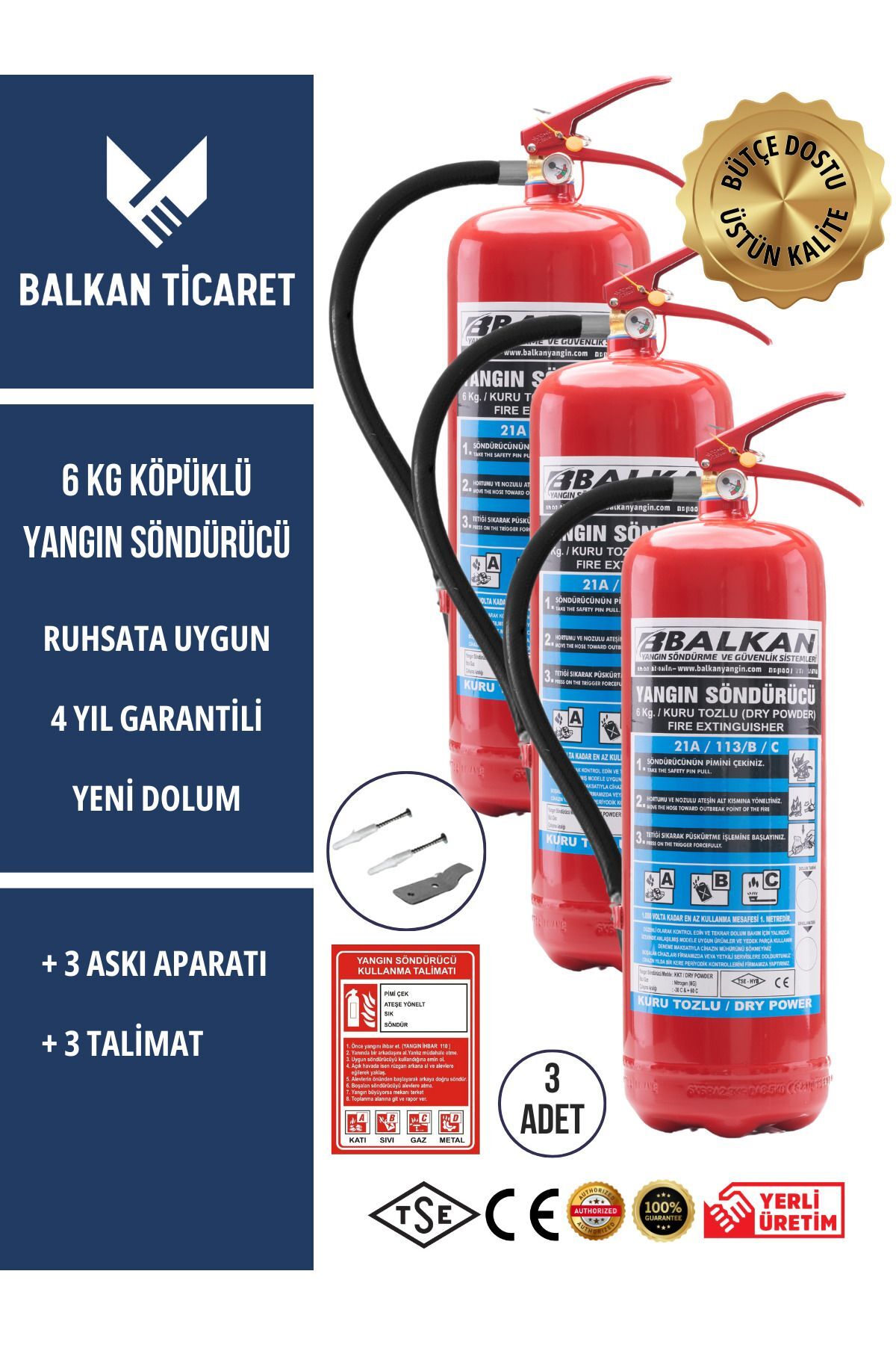 3 Adet Tozlu Yangın Tüpü 4 Yıllık Ruhsata Uygun (Askı Aparatı, Talimat)