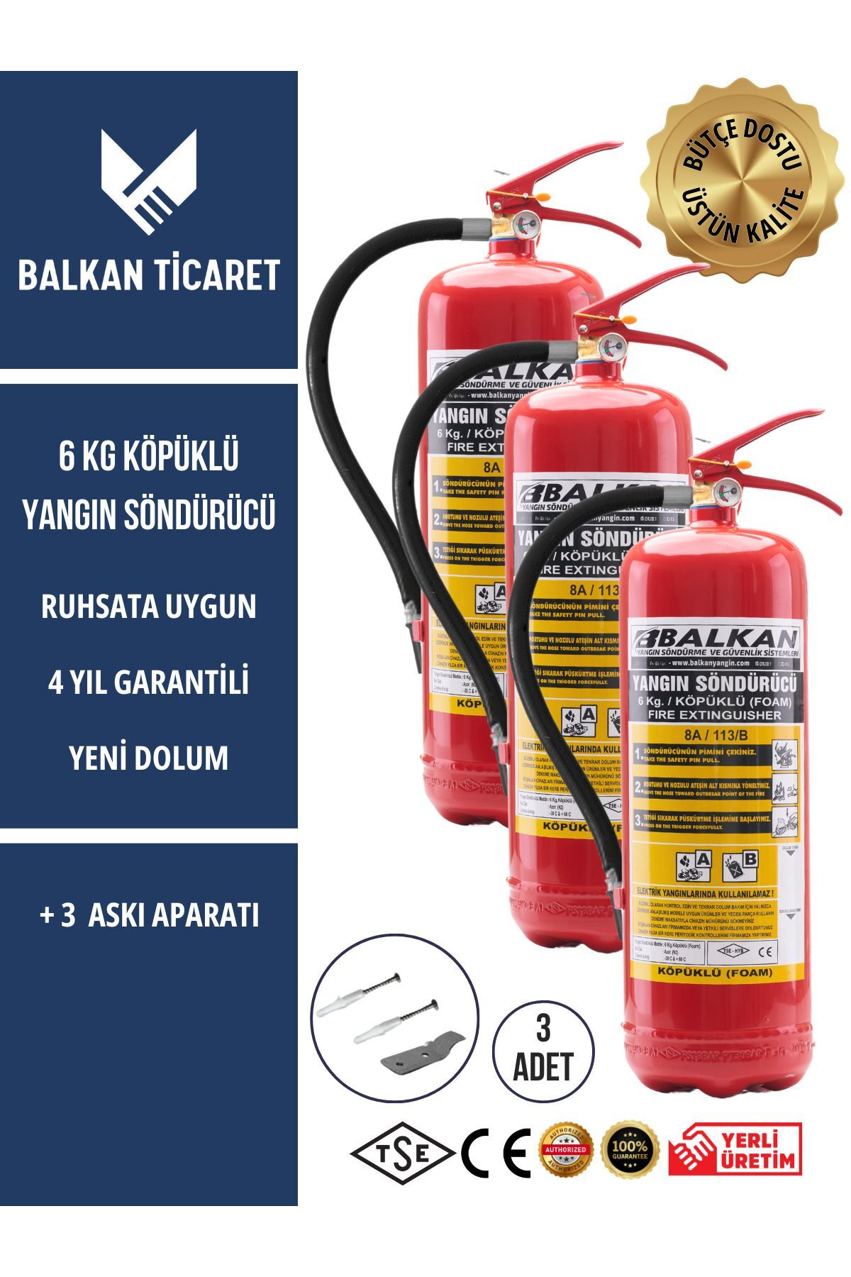 3 Adet Köpüklü Yangın Tüpü 4 Yıllık Ruhsata Uygun (Askı Aparatı)