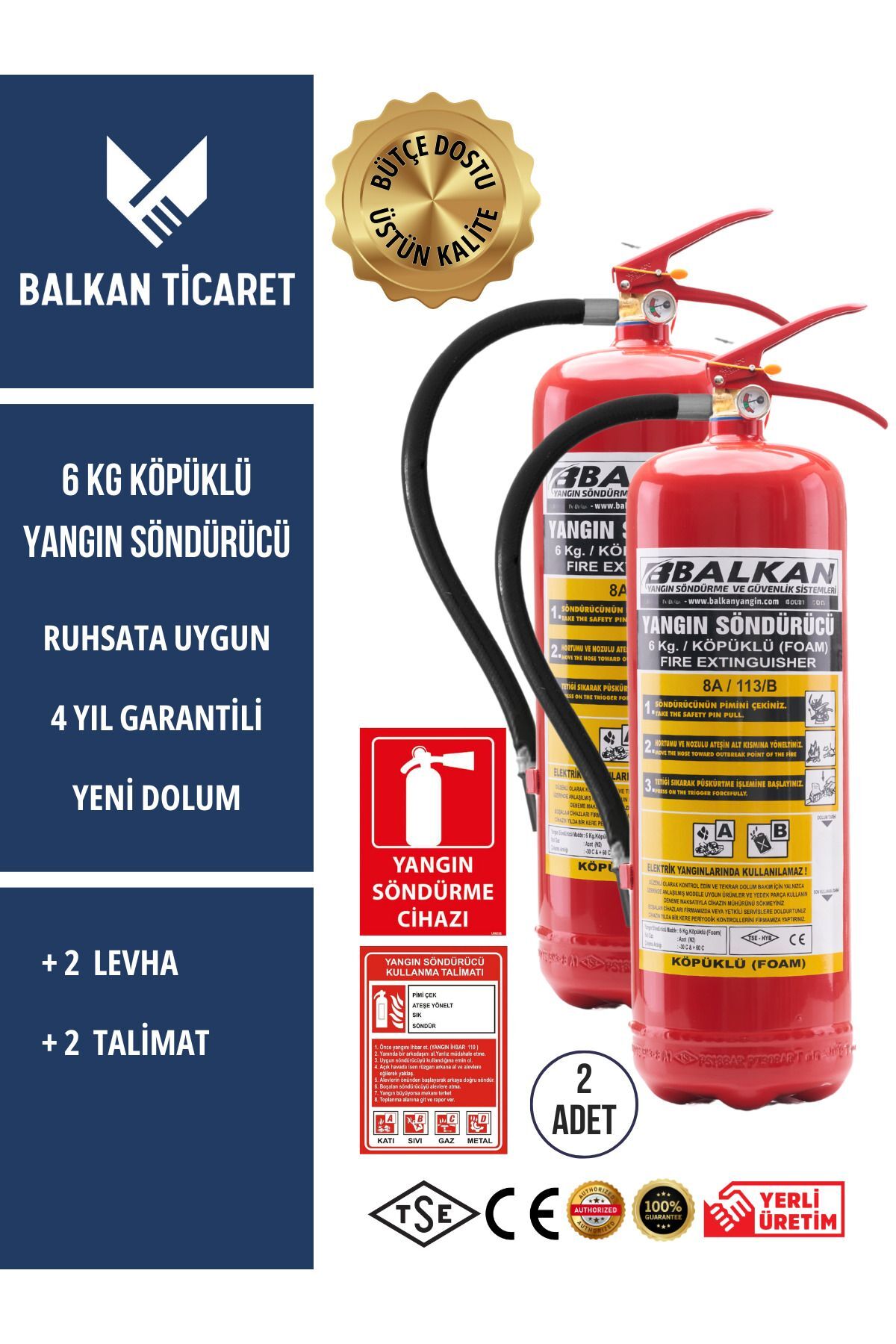 2 Adet Köpüklü Yangın Tüpü 4 Yıllık Ruhsata Uygun (Levha, Talimat)