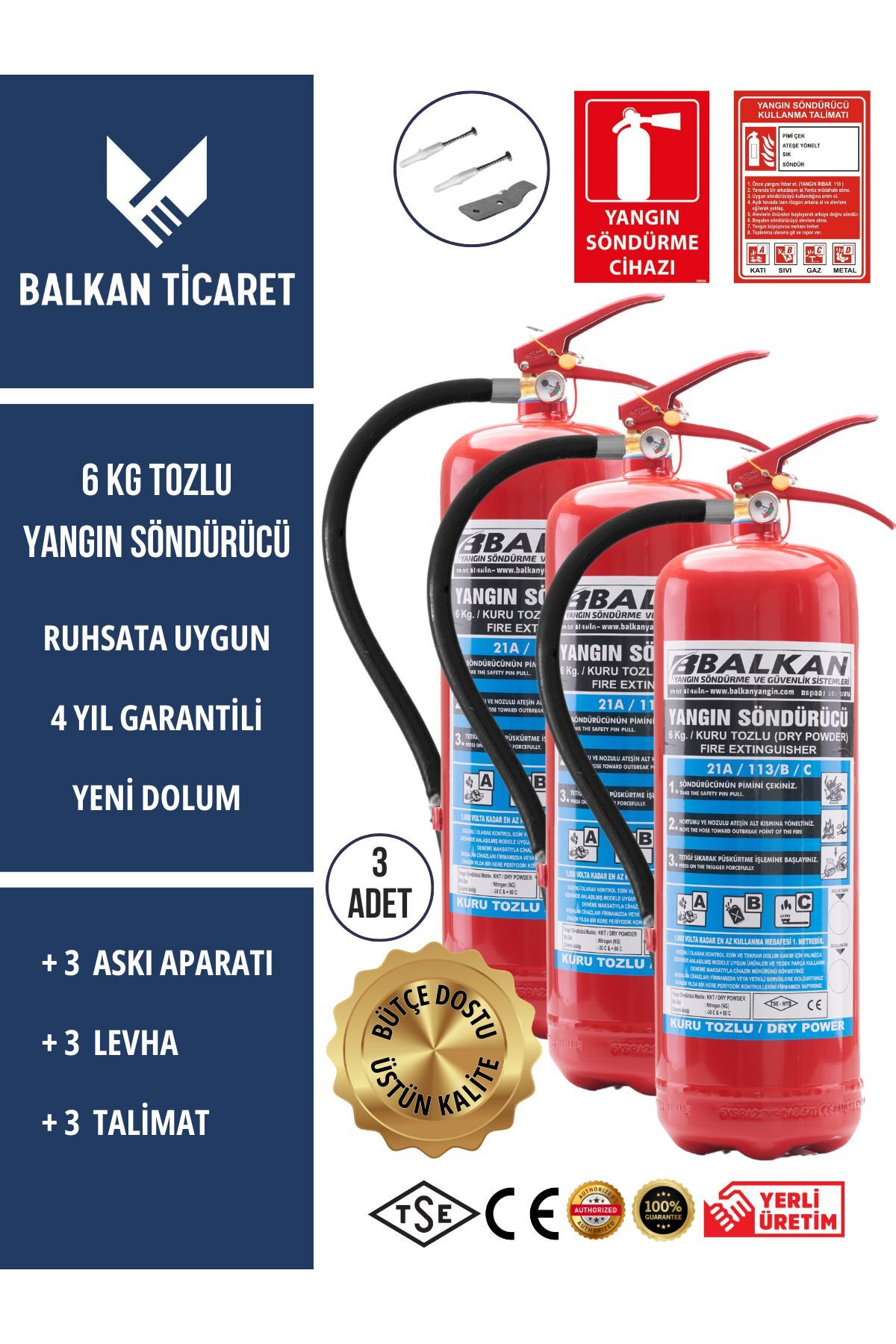 3 Adet Tozlu Yangın Tüpü 4 Yıllık Ruhsata Uygun (Askı Aparatı, Levha, Talimat)