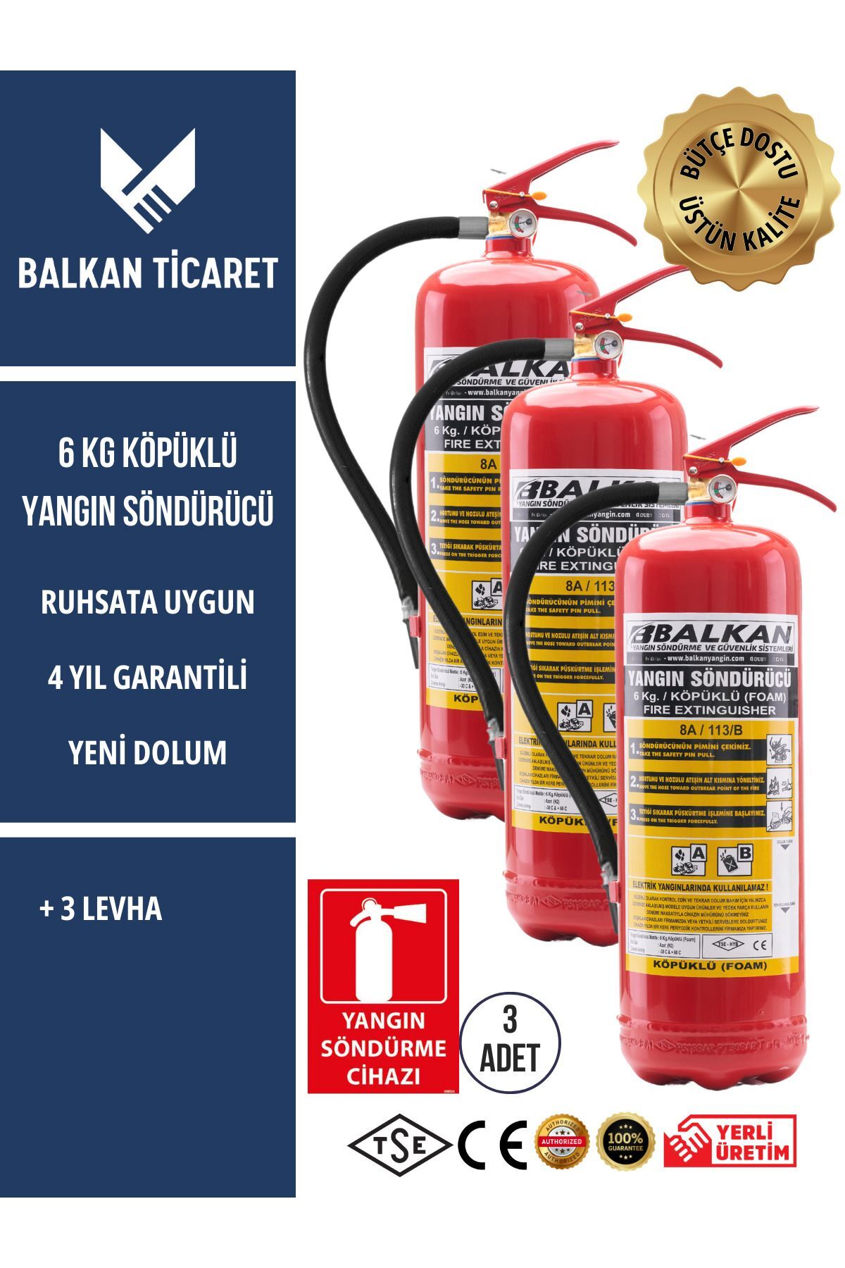 3 Adet Köpüklü Yangın Tüpü 4 Yıllık Ruhsata Uygun (Levha)