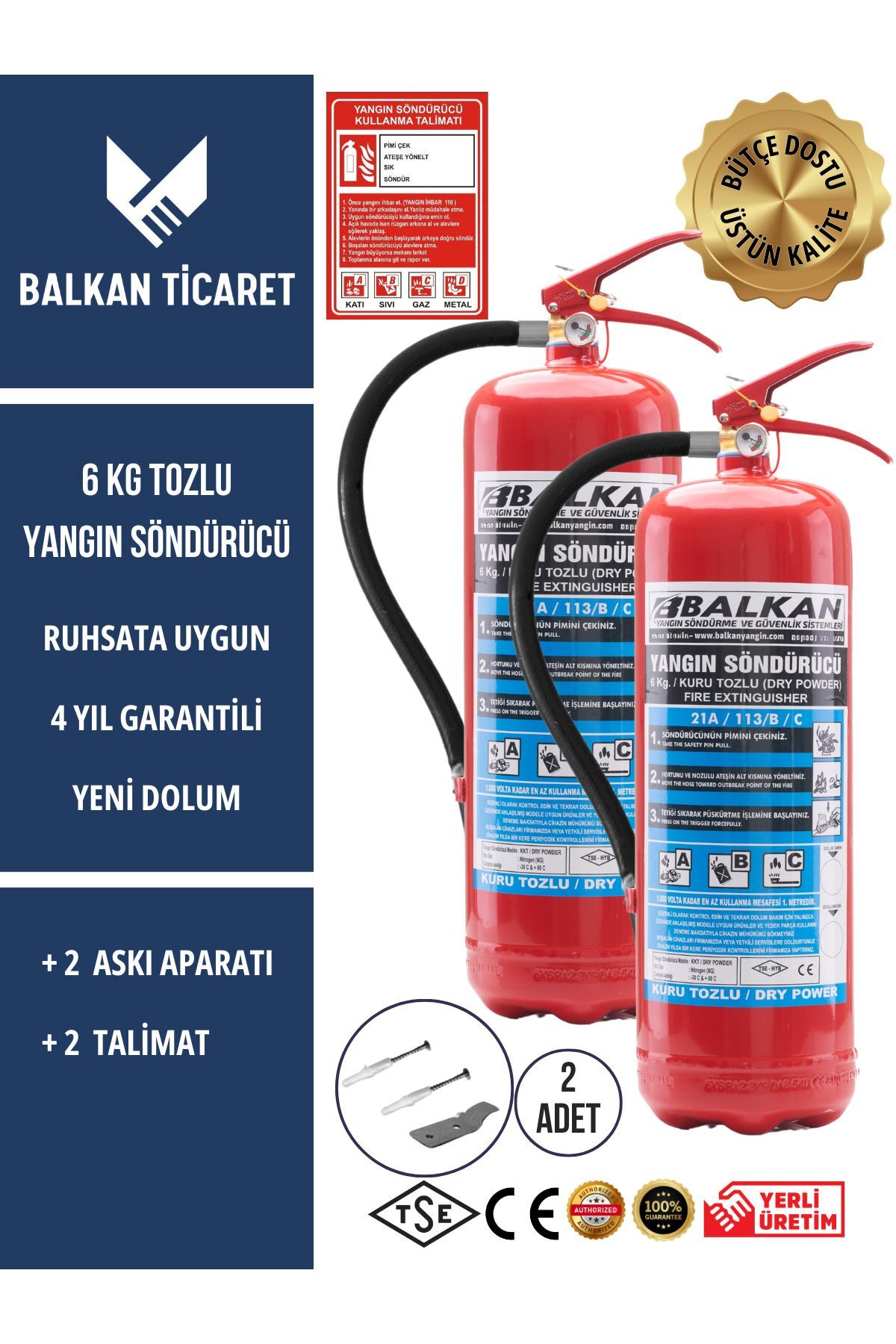 2 Adet Tozlu Yangın Tüpü 4 Yıllık Ruhsata Uygun (Askı Aparatı, Talimat)