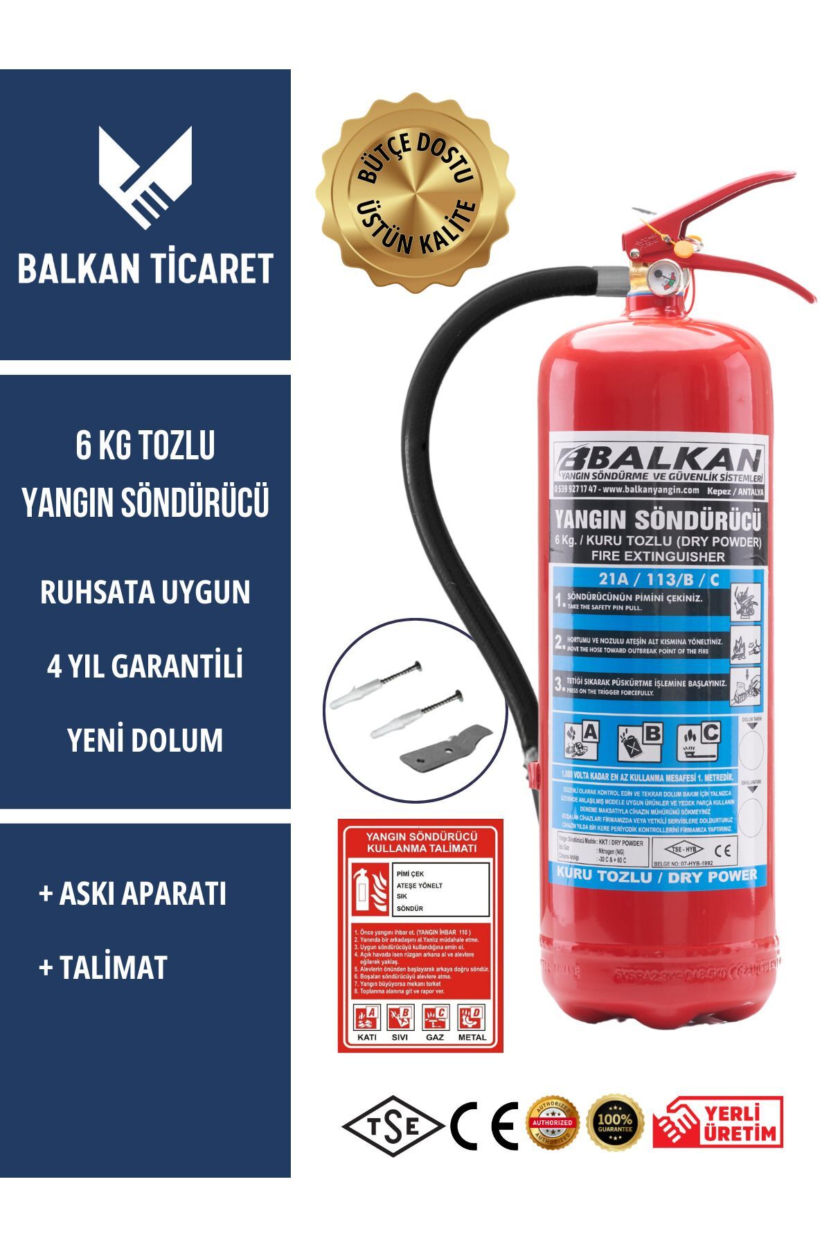 Tozlu Yangın Tüpü 4 Yıllık Ruhsata Uygun (Askı Aparatı, Talimat)