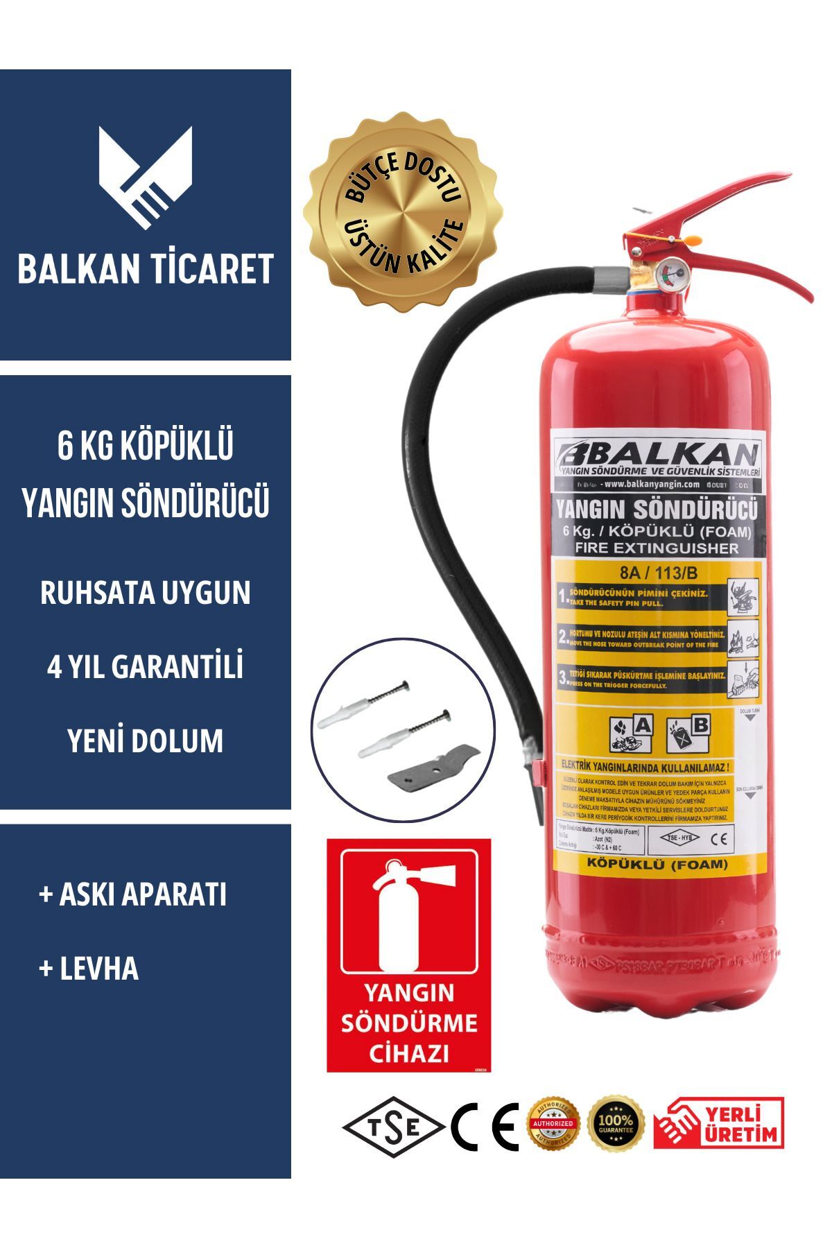 6kg Ruhsata Uygun Köpüklü Yangın Söndürme Tüpü Askı Aparatı Ve Yangın Söndürücü Levhası