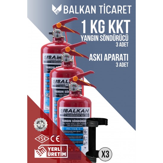 1 Kg Yangın Söndürme Cihazı - 3 Adet Askı Aparatlı Set