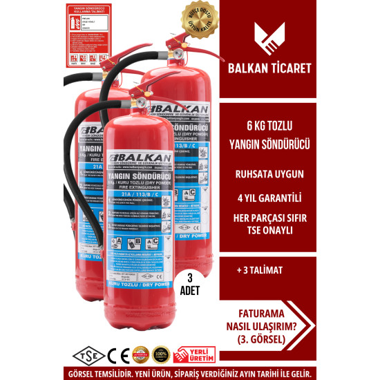Yangın Söndürme Cihazı 6KG Tozlu 3 Adet KKT ABC Ruhsata Uygun 4 Yıllık TSE HYB CE Belgeli