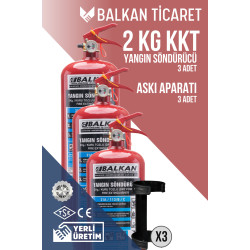 2Kg Yangın Söndürme Cihazı 3 Adet Askı Aparatı Ruhsata Uygun 4 Yıllık TSE HYB CE Belgeli KKT ABC