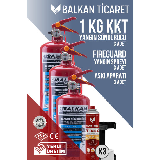 1Kg Araç Muayene Yangın Tüpü 3 Adet Askı Aparatı Fireguard Yangın Spreyi Ruhsata Uygun 4 Yıllık