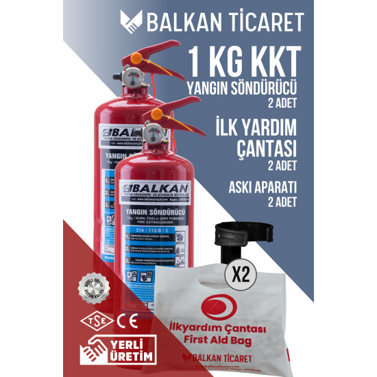 1Kg Mutfak Yangın Tüpü 2 Adet Askı Aparatı İlkyardım Seti Ruhsata Uygun 4 Yıllık TSE HYB CE Belgeli
