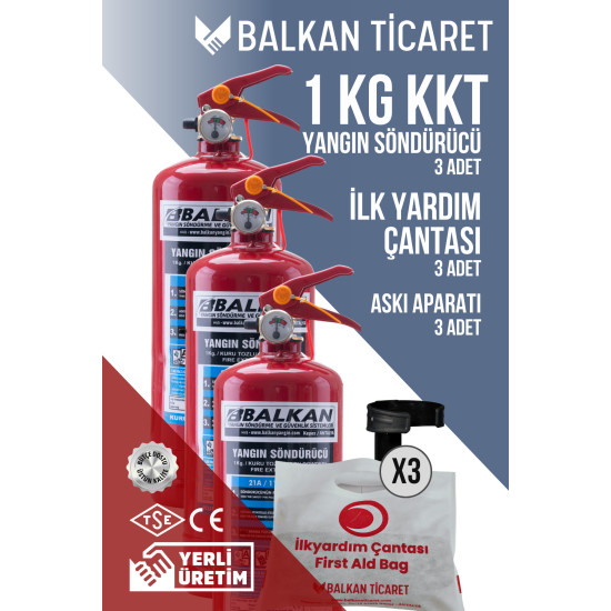 1Kg Mini Yangın Tüpü 3 Adet Askı Aparatı İlkyardım Seti Ruhsata Uygun 4 Yıllık TSE HYB CE Belgeli