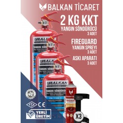 2 Kg Araç Muayene Yangın Tüpü 3 Adet - Askı Aparatlı + Sprey