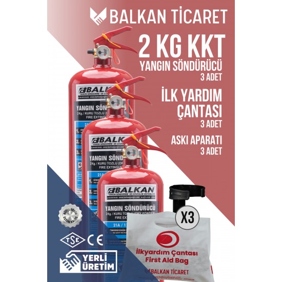 2 Kg Mini Yangın Tüpü 3 Adet - Askı Aparatlı + İlk Yardım Seti