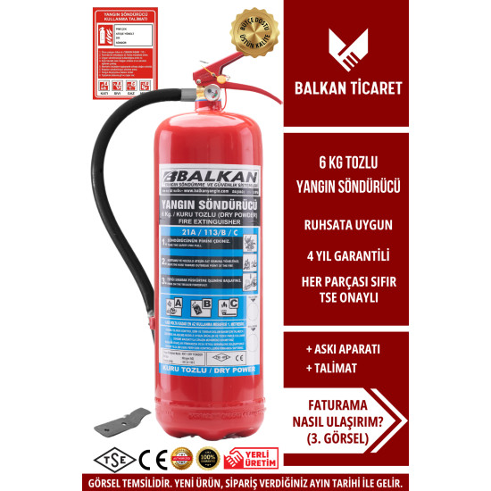 Yangın Söndürme Cihazı 6KG Tozlu KKT ABC Askı Aparatı Talimat TSE HYB CE Belgeli