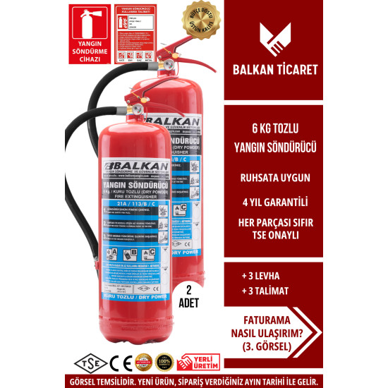 Yangın Söndürme Cihazı 6KG Tozlu 2 Adet KKT ABC Ruhsata Uygun 4 Yıllık TSE HYB CE Belgeli