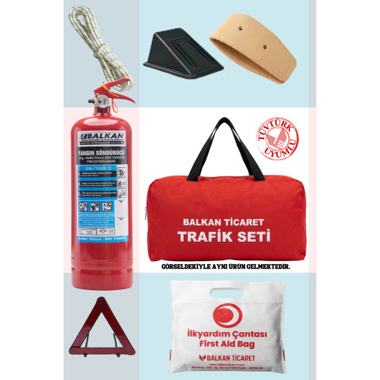 Trafik Seti Tüvtürk Uyumlu 2Kg Yangın Tüpü Reflektörlü Takozlu İlkyardım Seti 4 Yıllık