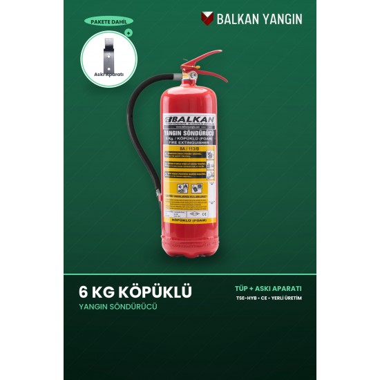 6 Kg Köpüklü Yangın Söndürme Tüpü - Askı Aparatlı | TSE Belgeli