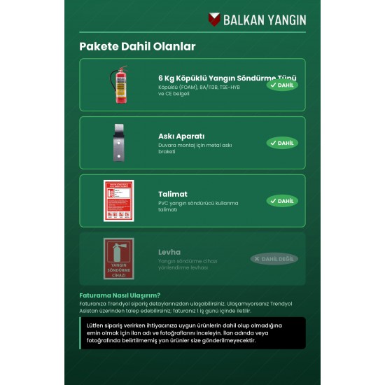 Depo Yangın Tüpü 6 Kg Köpüklü - Askı Aparatlı ve Talimatlı