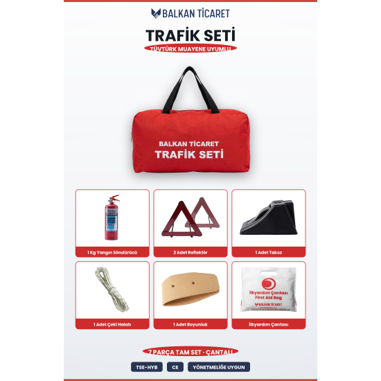 Oto Araç Trafik Seti 1 Kg Yangın Tüplü 2 Adet Reflektör 7 Parça TÜVTÜRK Muayene Uyumlu Çantalı Set