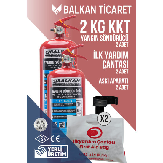 2Kg Mutfak Yangın Tüpü 2 Adet Askı Aparatı İlkyardım Seti Ruhsata Uygun 4 Yıllık TSE HYB CE Belgeli