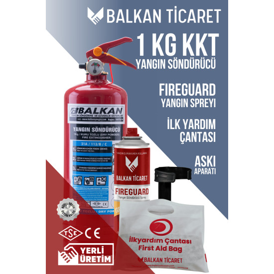1Kg Yangın Söndürme Tüpü ABC Askı Aparatı Fireguard Yangın Spreyi İlkyardım Seti Ruhsata Uygun