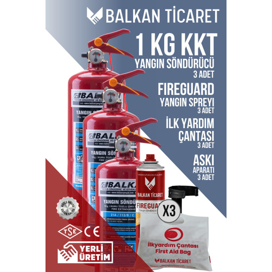 1Kg Araç Tipi Yangın Tüpü 3 Adet Askı Aparatı Fireguard Yangın Spreyi İlkyardım Seti Ruhsata Uygun
