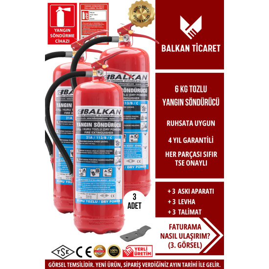 Yangın Söndürme Cihazı 6KG Tozlu 3 Adet KKT ABC Ruhsata Uygun 4 Yıllık TSE HYB CE Belgeli