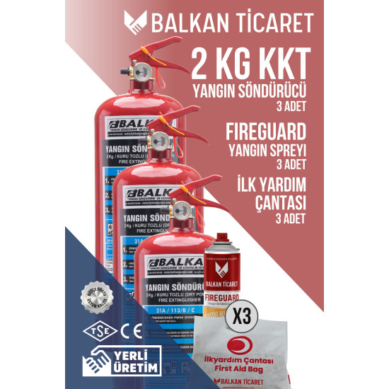 2Kg Yangın Söndürme Cihazı ABC 3 Adet Fireguard Yangın Spreyi İlkyardım Seti Ruhsata Uygun 4 Yıllık
