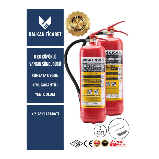 2 Adet Köpüklü Yangın Tüpü 4 Yıllık Ruhsata Uygun (Askı Aparatı)