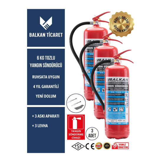 3 Adet Tozlu Yangın Tüpü 4 Yıllık Ruhsata Uygun (Askı Aparatı, Levha)