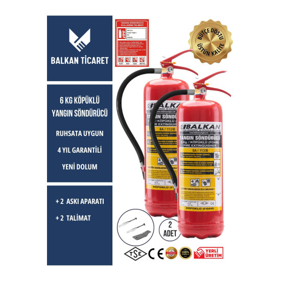 2 Adet Köpüklü Yangın Tüpü 4 Yıllık Ruhsata Uygun (Askı Aparatı, Talimat)