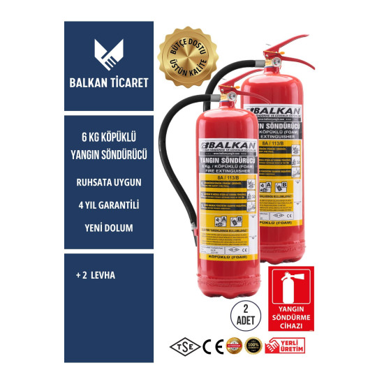 2 Adet Köpüklü Yangın Tüpü 4 Yıllık Ruhsata Uygun (Levha)