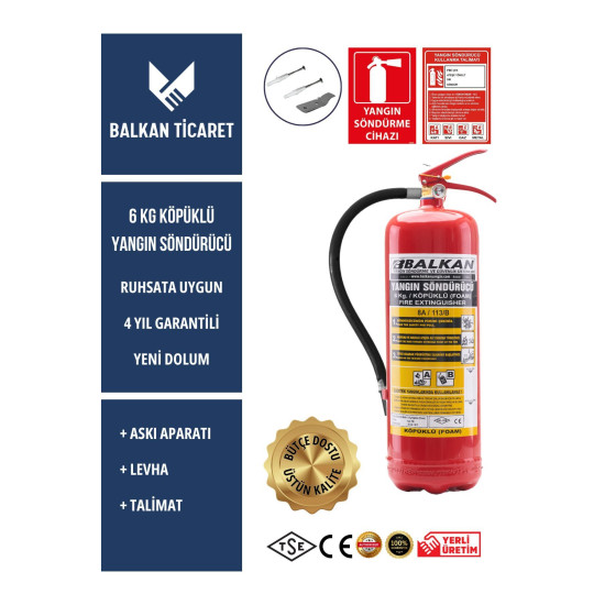 Köpüklü Yangın Tüpü 4 Yıllık Ruhsata Uygun (Askı Aparatı, Levha, Talimat)