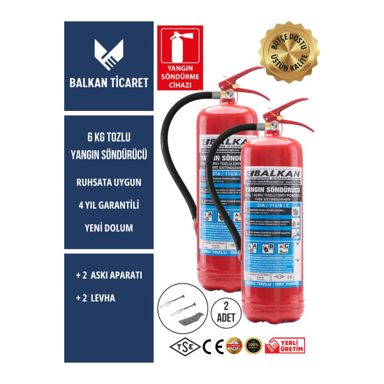 2 Adet Tozlu Yangın Tüpü 4 Yıllık Ruhsata Uygun (Askı Aparatı, Levha)
