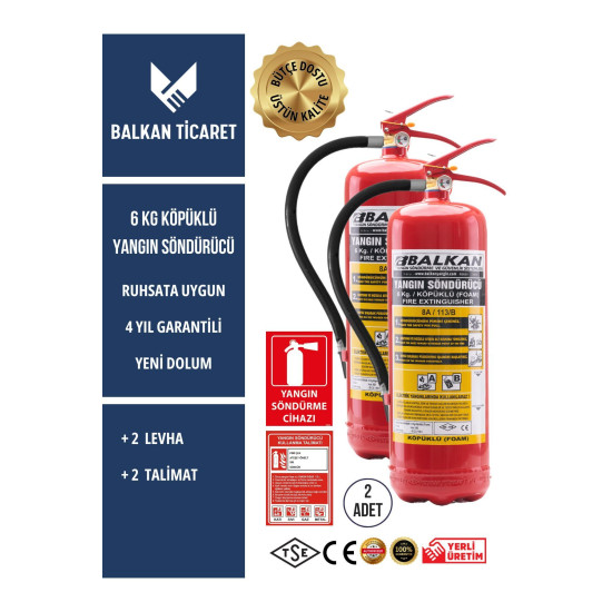 2 Adet Köpüklü Yangın Tüpü 4 Yıllık Ruhsata Uygun (Levha, Talimat)