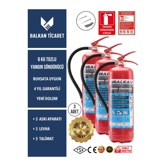 3 Adet Tozlu Yangın Tüpü 4 Yıllık Ruhsata Uygun (Askı Aparatı, Levha, Talimat)