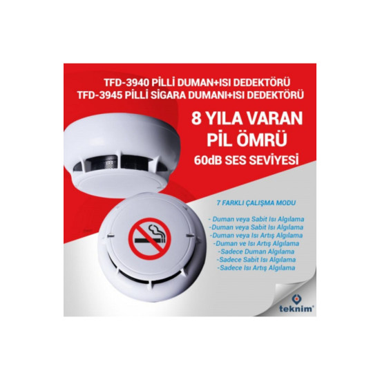 Tfd-3945, Pilli, Sigara Dumanı Ve Isı Dedektörü (TABAN DAHİL-PİL HARİÇ)